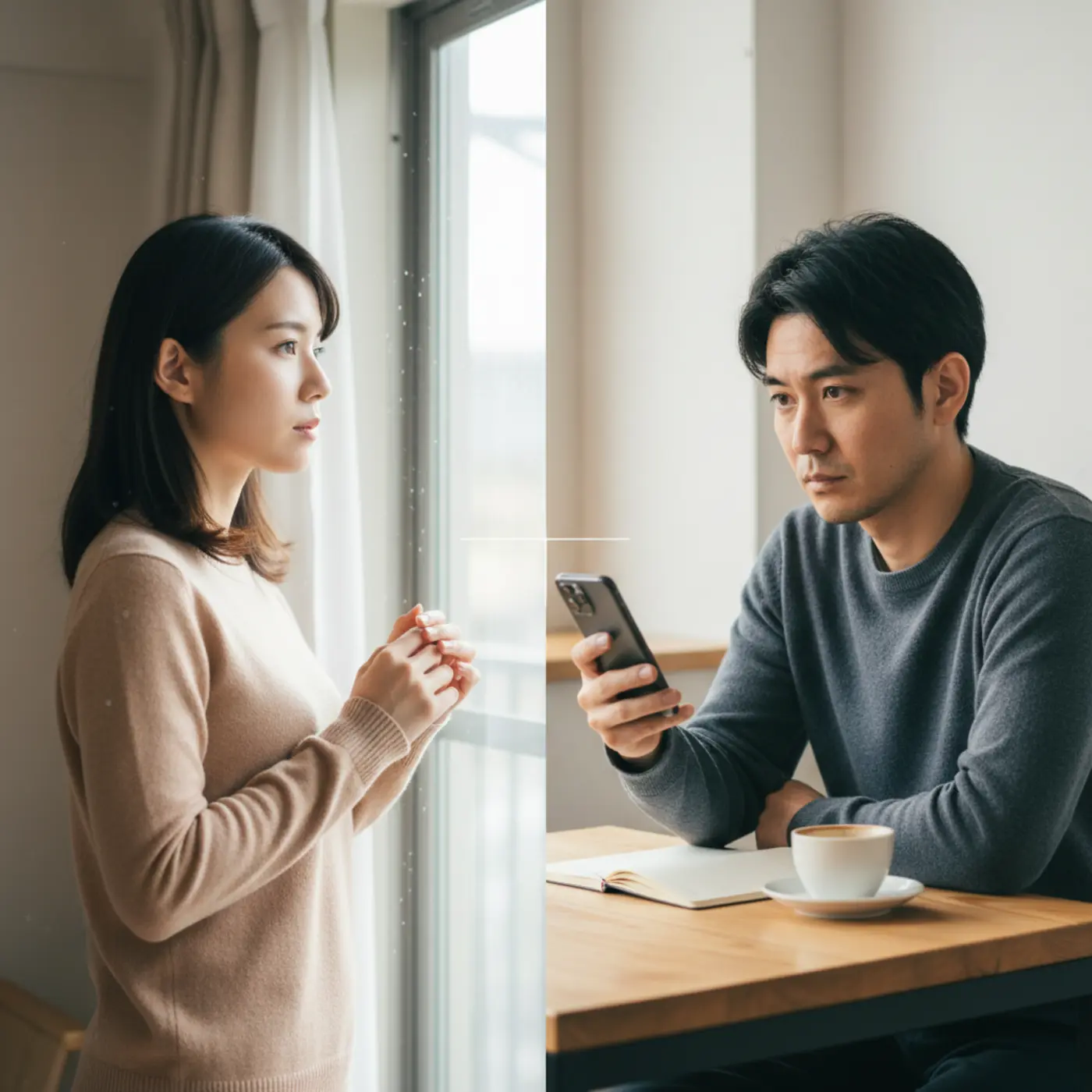 別れた恋人と復縁するための具体的な4ステップを示すイラスト。男女が沈黙の期間を経て、階段を一段ずつ登るように慎重に関係を再構築し再会するまでの道のりを表現。