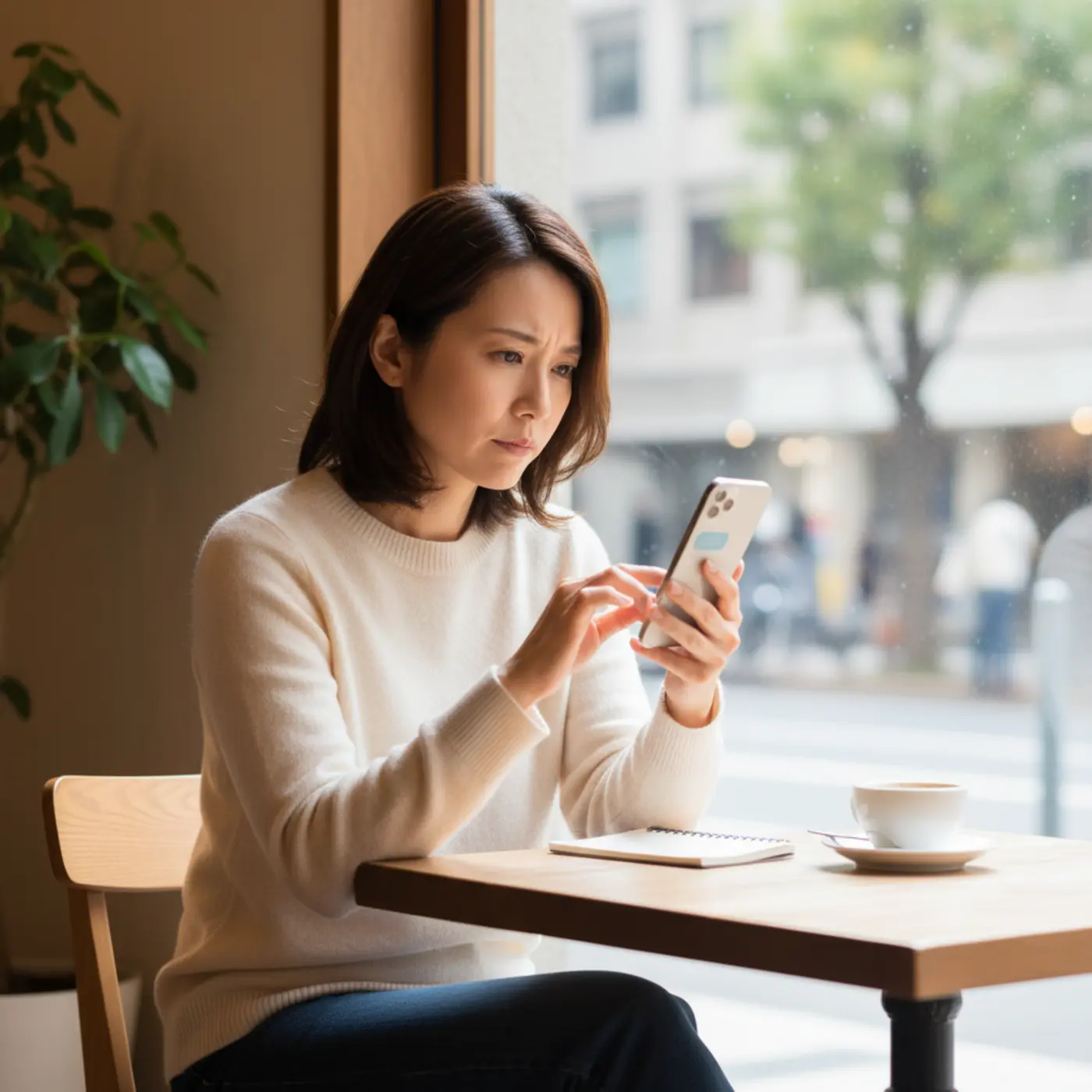 冷却期間を経て、復縁を望む相手への連絡のタイミングを計り、スマートフォンでLINEのメッセージを慎重に作成している人物。自然なアプローチで距離を縮めようと悩んでいる様子。