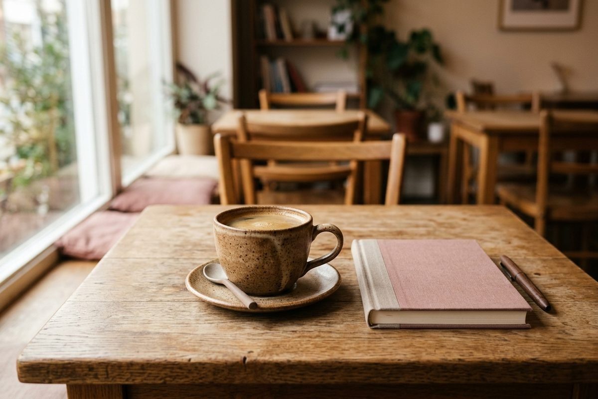 静かなカフェのテーブルに陶器のカップと閉じたノート