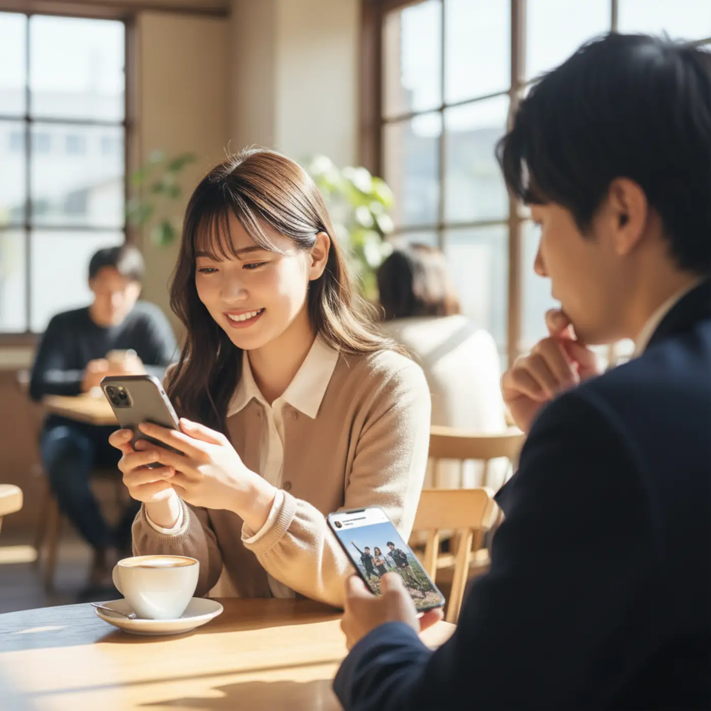 復縁を目指して冷却期間中にSNSを活用し、充実した日常を投稿して元恋人に間接的なアピールを行う女性の様子。未練を隠して自立した姿を見せることで、相手に追わせる恋愛テクニックを表現しています。