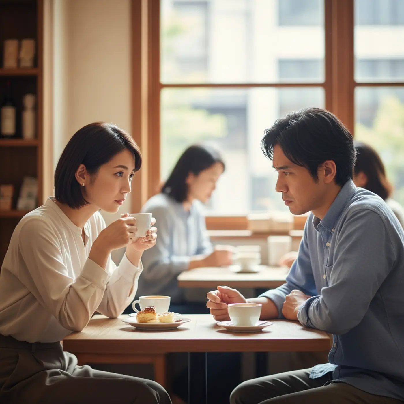 復縁後に同じ過ちを繰り返さないために、カフェのテーブルで真剣に向き合い、新しい関係の築き方について話し合っているカップル。