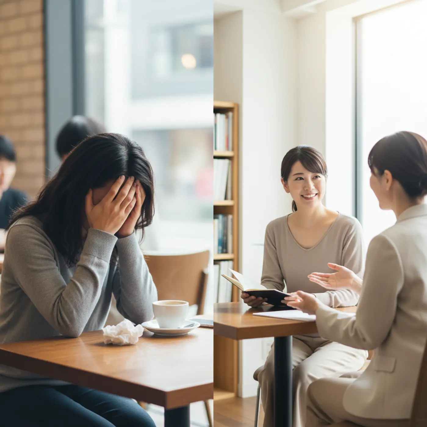 復縁の悩みを一人で抱え込み、カフェで頭を抱える女性。友人への恋愛相談では解決しない時、専門家のカウンセリングを受けることで心が軽くなり、前向きな行動に繋がるメリットがあることを示す画像。