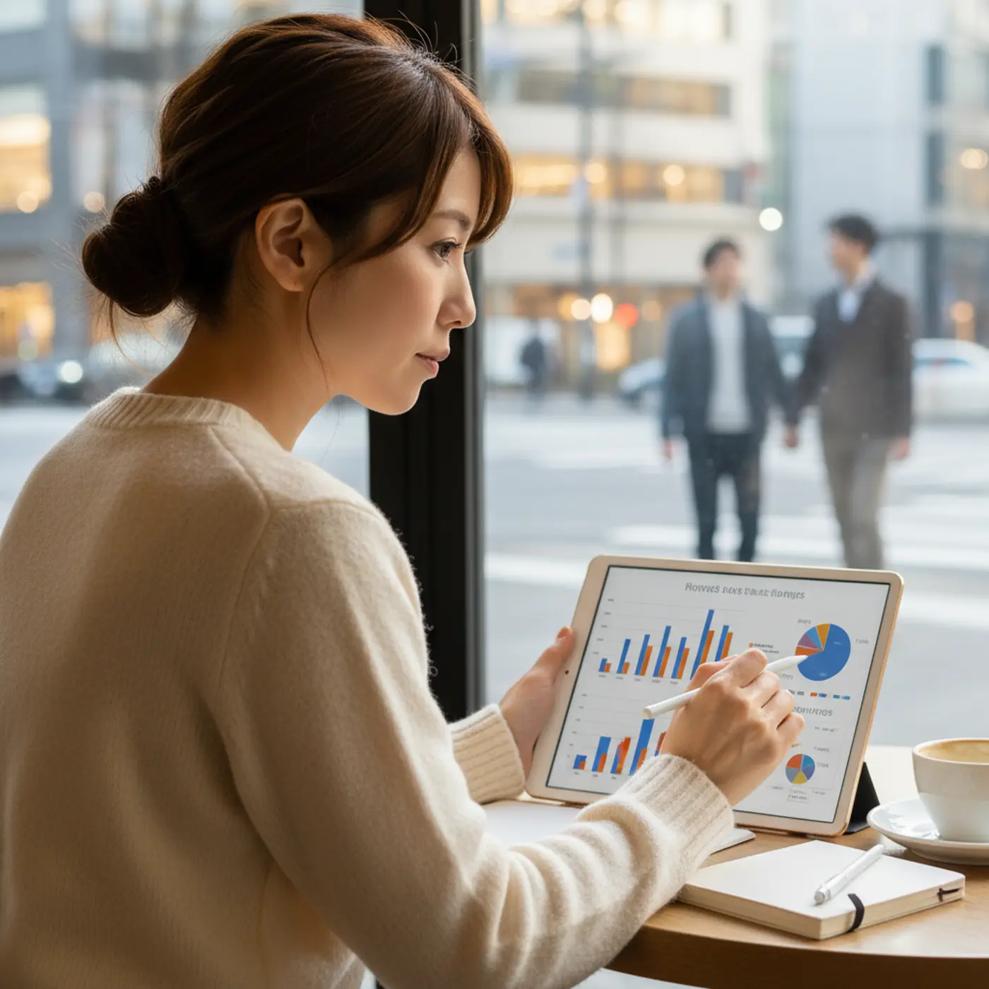 離婚した元旦那との復縁の可能性について、統計データを見ながら真剣に悩む女性。客観的な視点で二人の関係性を見つめ直している。