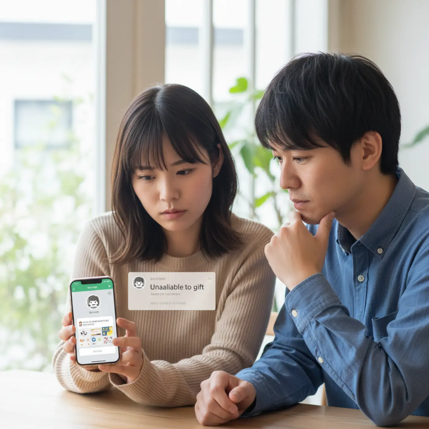 LINEのスタンププレゼント機能を使って、相手にブロックされているか確認する方法を示すスマートフォンの画面。プレゼントできないと表示され、ブロックの可能性を判断している様子。