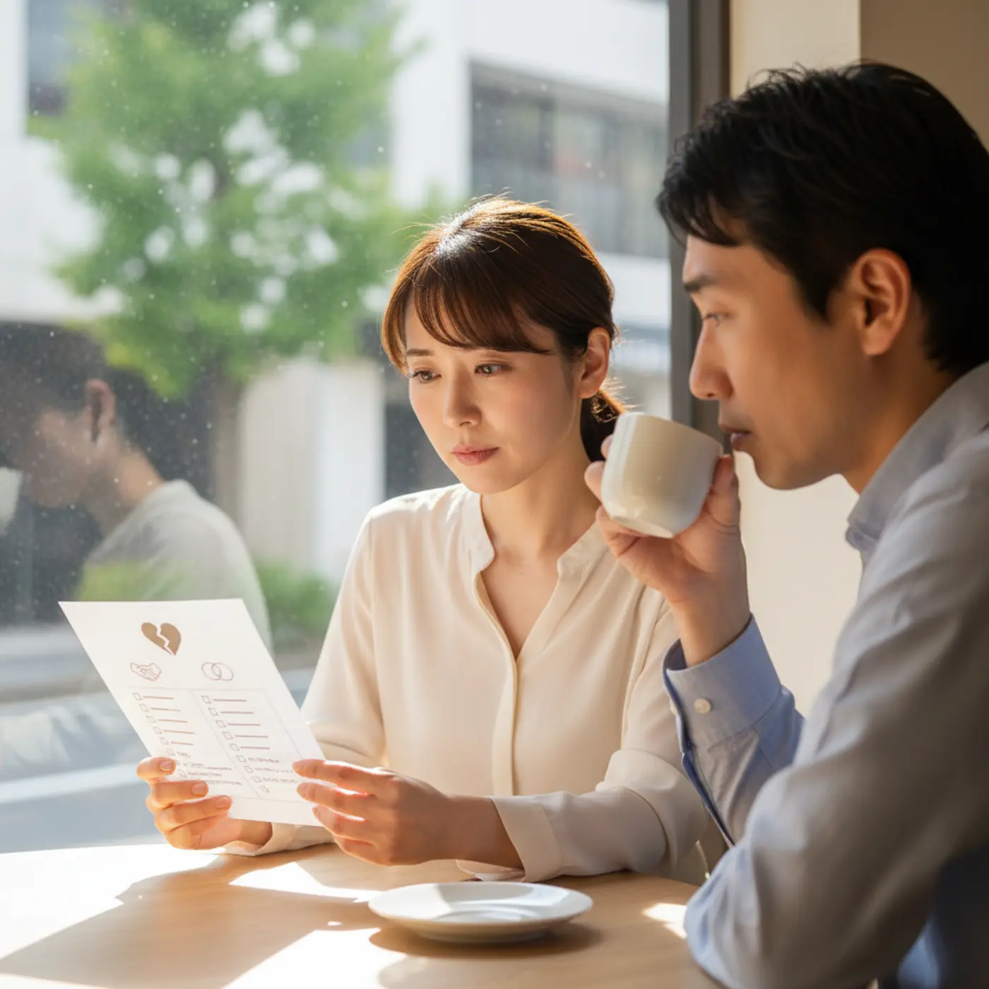 別れの原因を分析するチェックリストを前に悩む人物のイラスト。復縁を考える上で、依存や価値観の押し付けがなかったか自分の行動を振り返る様子。