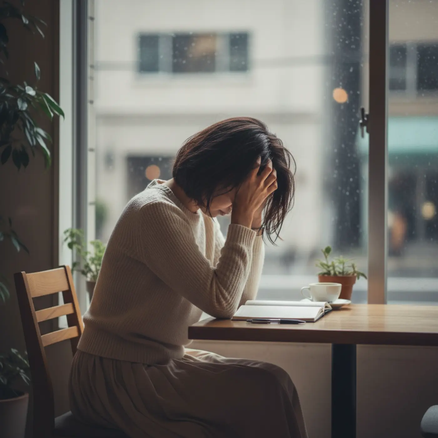 パートナーの借金やアルコール依存症に悩み、共依存の関係に陥っている女性。復縁すべきか迷い、一人で頭を抱えている様子を表すイラスト。