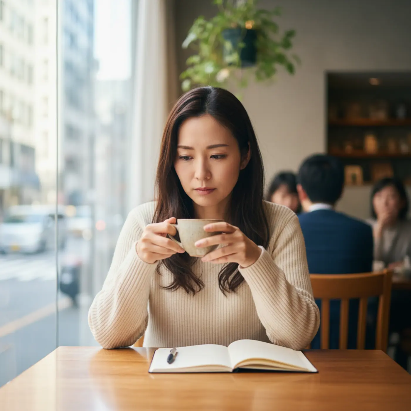 別れた恋人との復縁を望む女性が、カフェで一人考え事をしている様子。復縁率を高めるために重要な『冷却期間』の目安と、待つ間の自分磨きの方法を解説する画像。