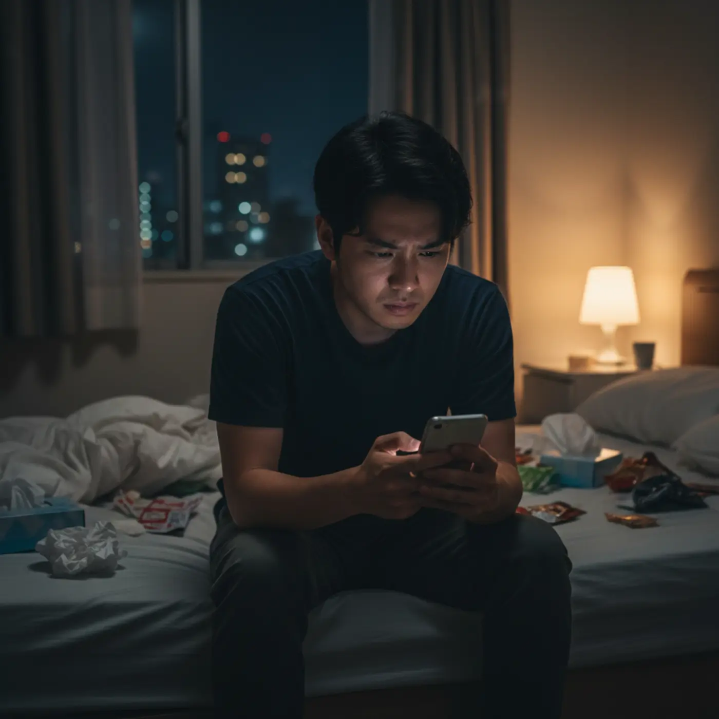 深夜、元カノへの連絡を我慢できずスマホを握りしめる男性。復縁の可能性を自ら下げる、冷却期間中にやってはいけない自爆行動のイメージ。