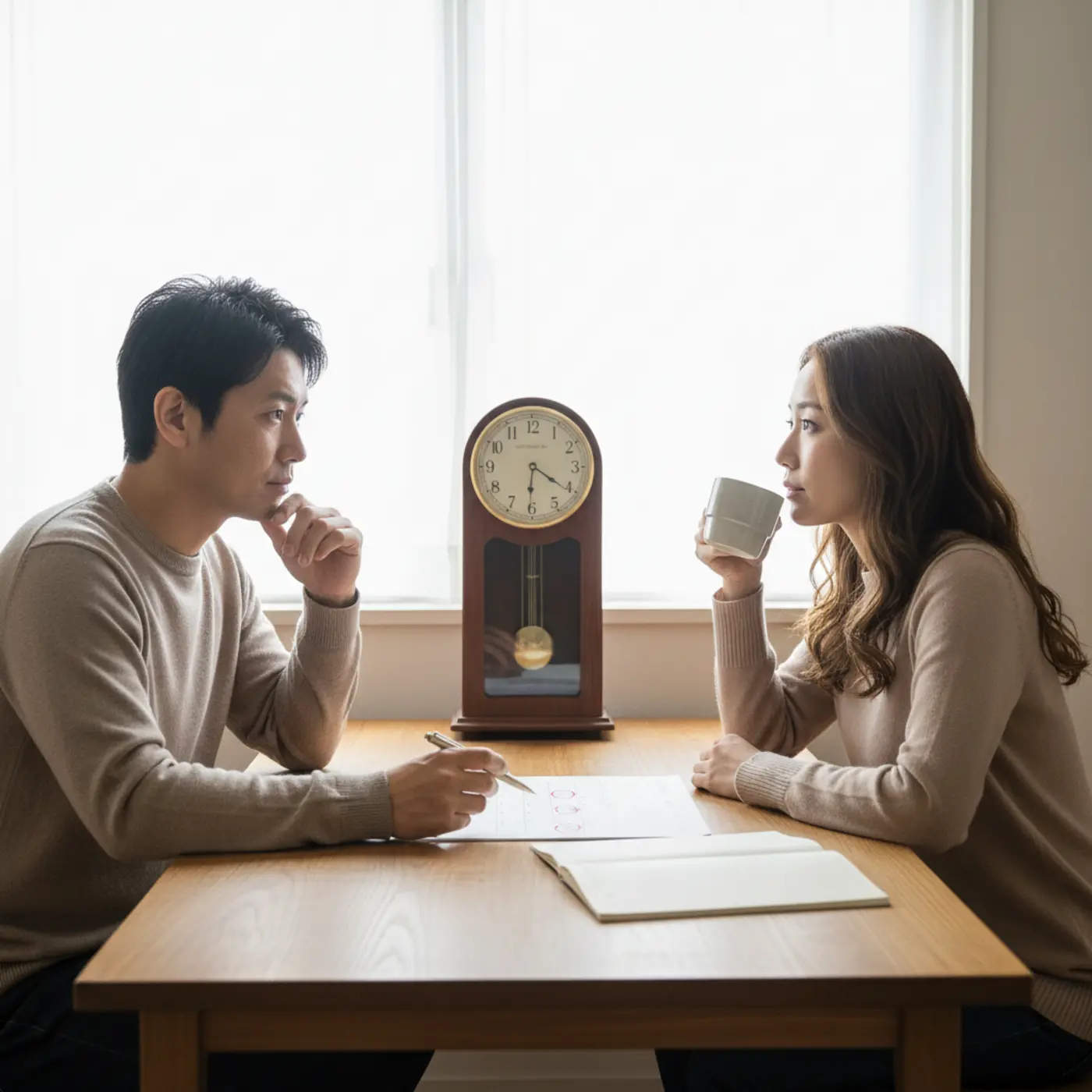 別れた後、復縁に必要な冷却期間の過ごし方について考える人物のイラスト。時計とカレンダーを前に、自分と向き合い冷静に関係を見つめ直している様子。