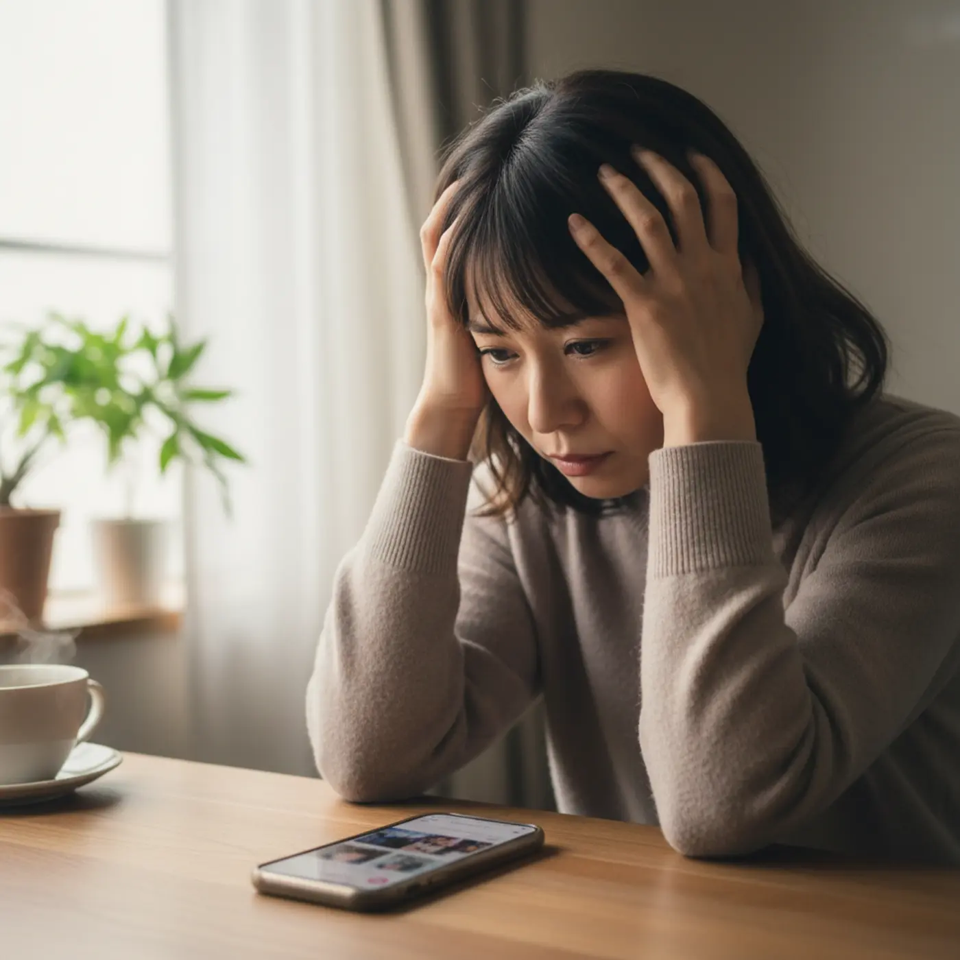 復縁を目指す冷却期間中に、スマートフォンでSNSを見てしまい頭を抱える人物のイラスト。ついやってしまいがちなNG行動が、相手との関係をさらに遠ざけてしまうことを示唆しています。