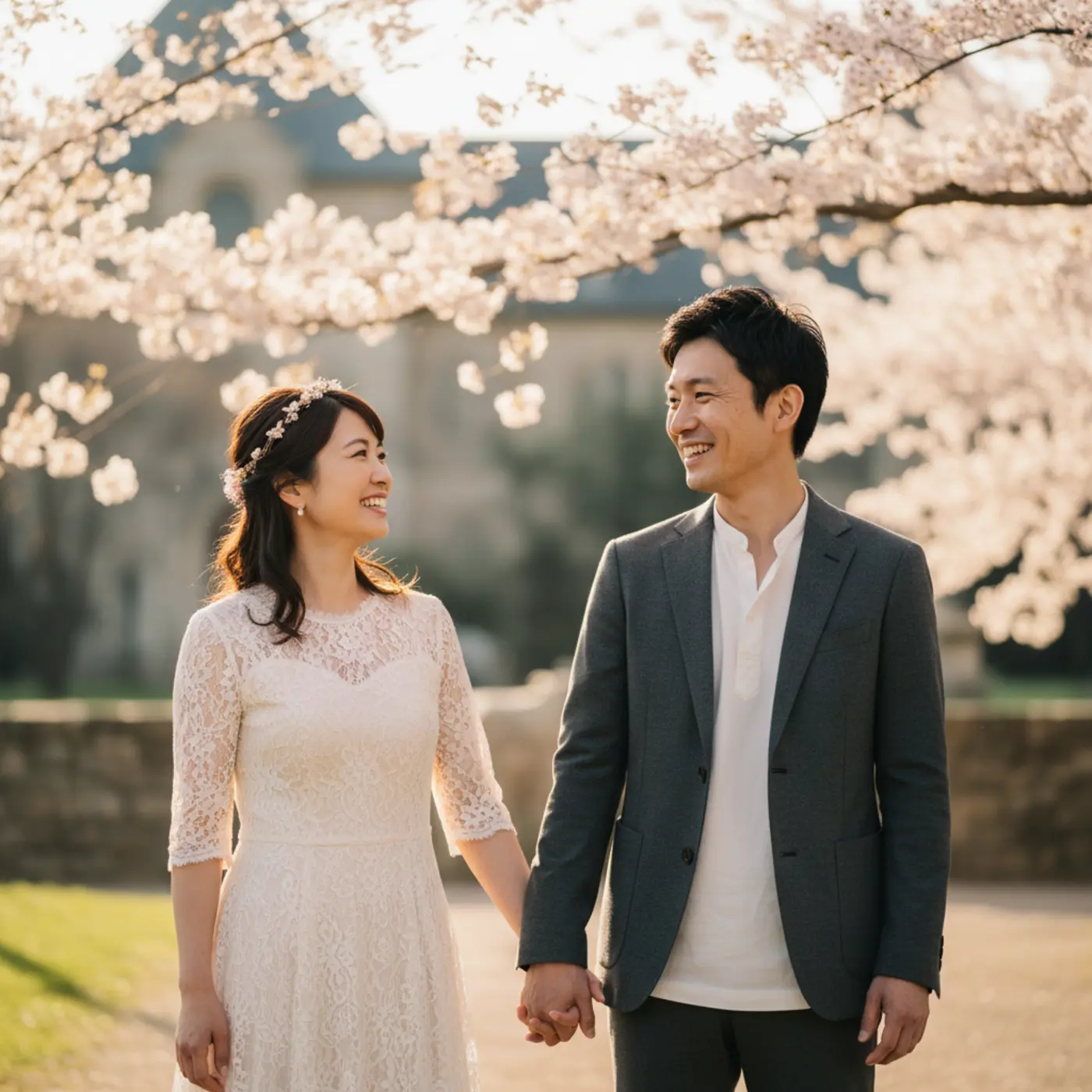 復縁後に結婚までたどり着いたカップルの男女。一度は別れた二人が困難を乗り越え、未来を誓い合いながら幸せそうに微笑んでいる。