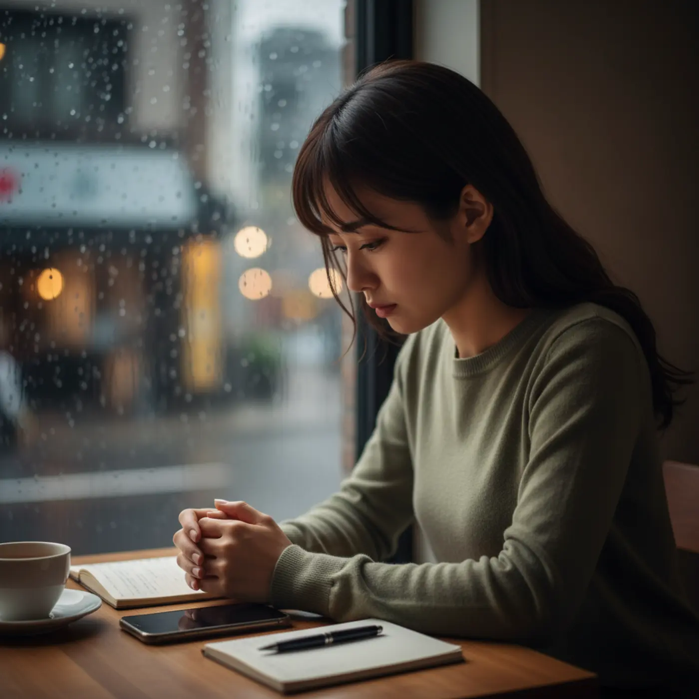 復縁してはいけない危険な元カレとの関係に悩み、悲しげな表情でうつむく女性。自分の幸せのために、勇気を持って別れを決断しようとしている様子。