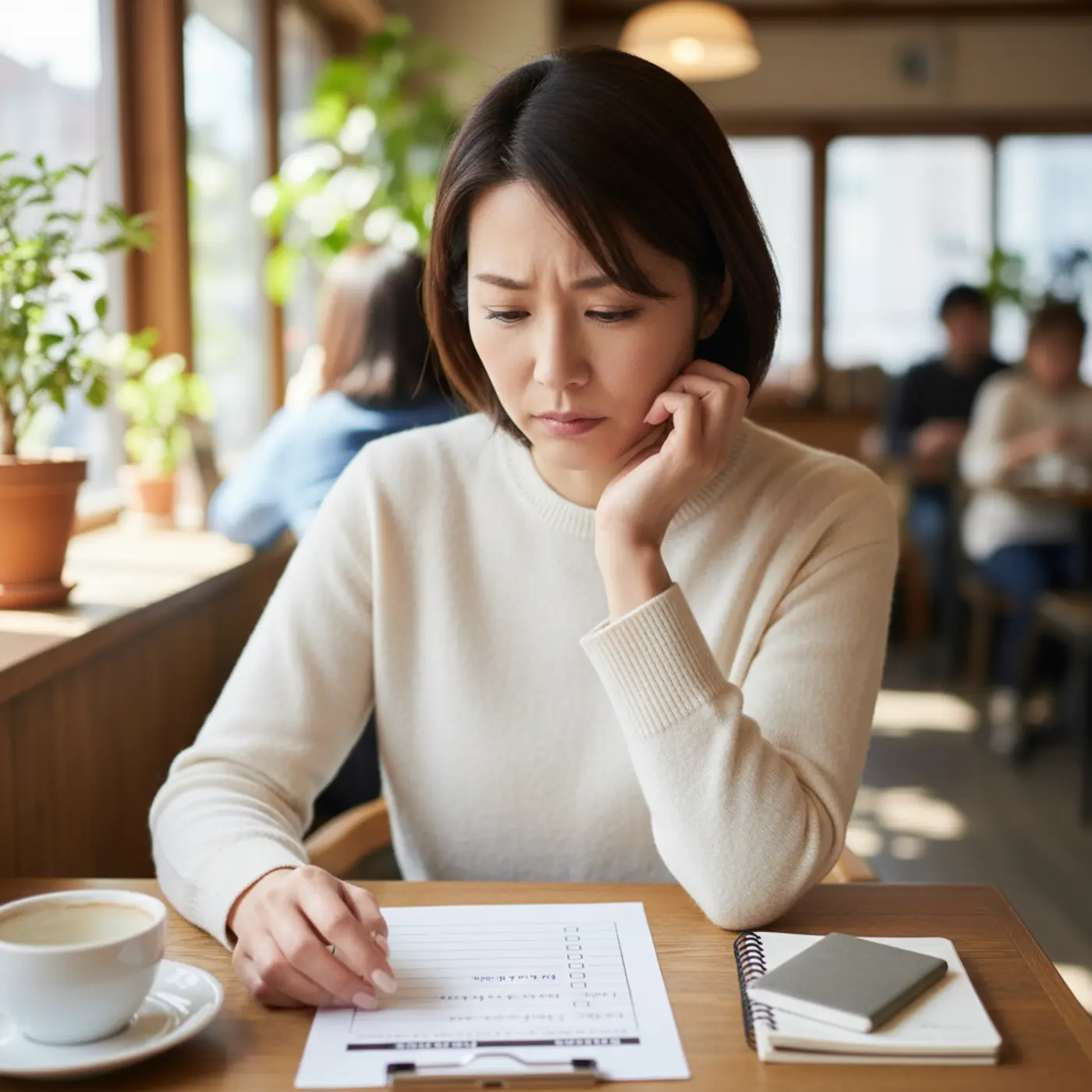 元恋人と会うべきか迷い、カフェで判断チェックリストを前に考え込む女性。復縁や関係に区切りをつけるための後悔しない決断をするためのイメージ画像。