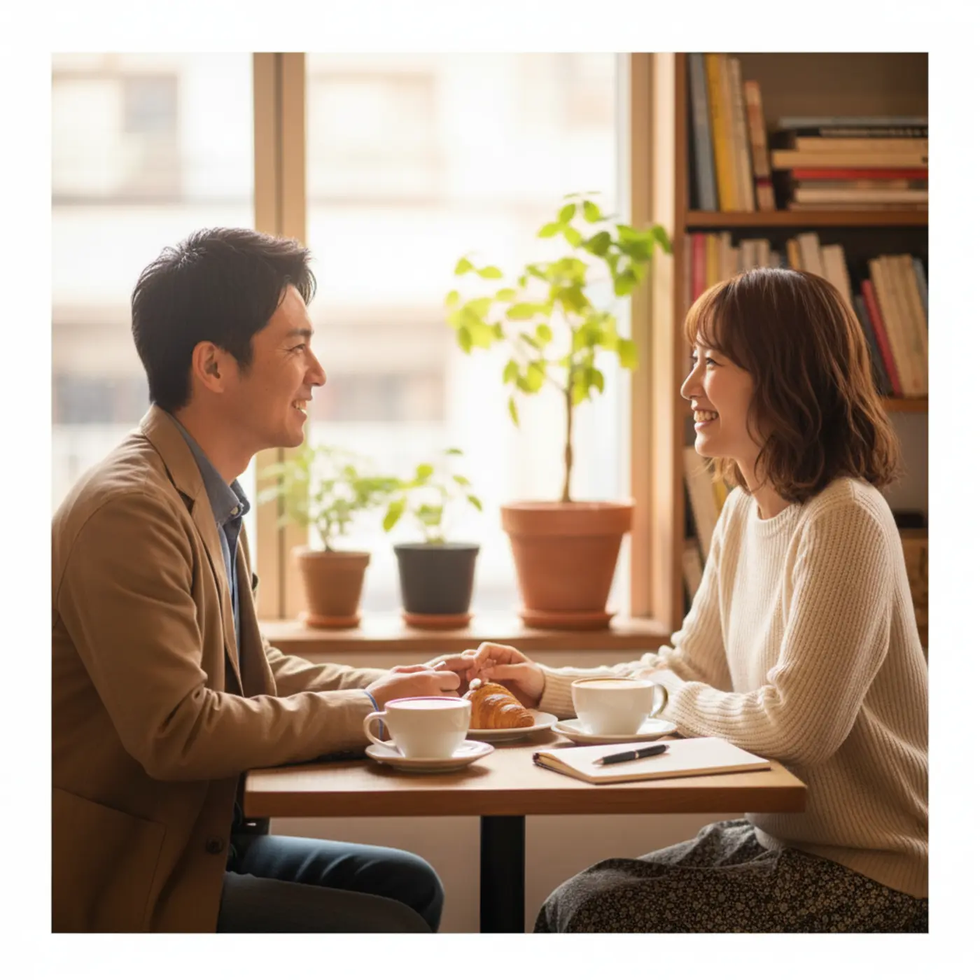 別れの原因を乗り越えて復縁に成功したカップルが、カフェで笑顔で向き合っている。二人が成長し、新しい関係を築き直した様子を表現した画像。