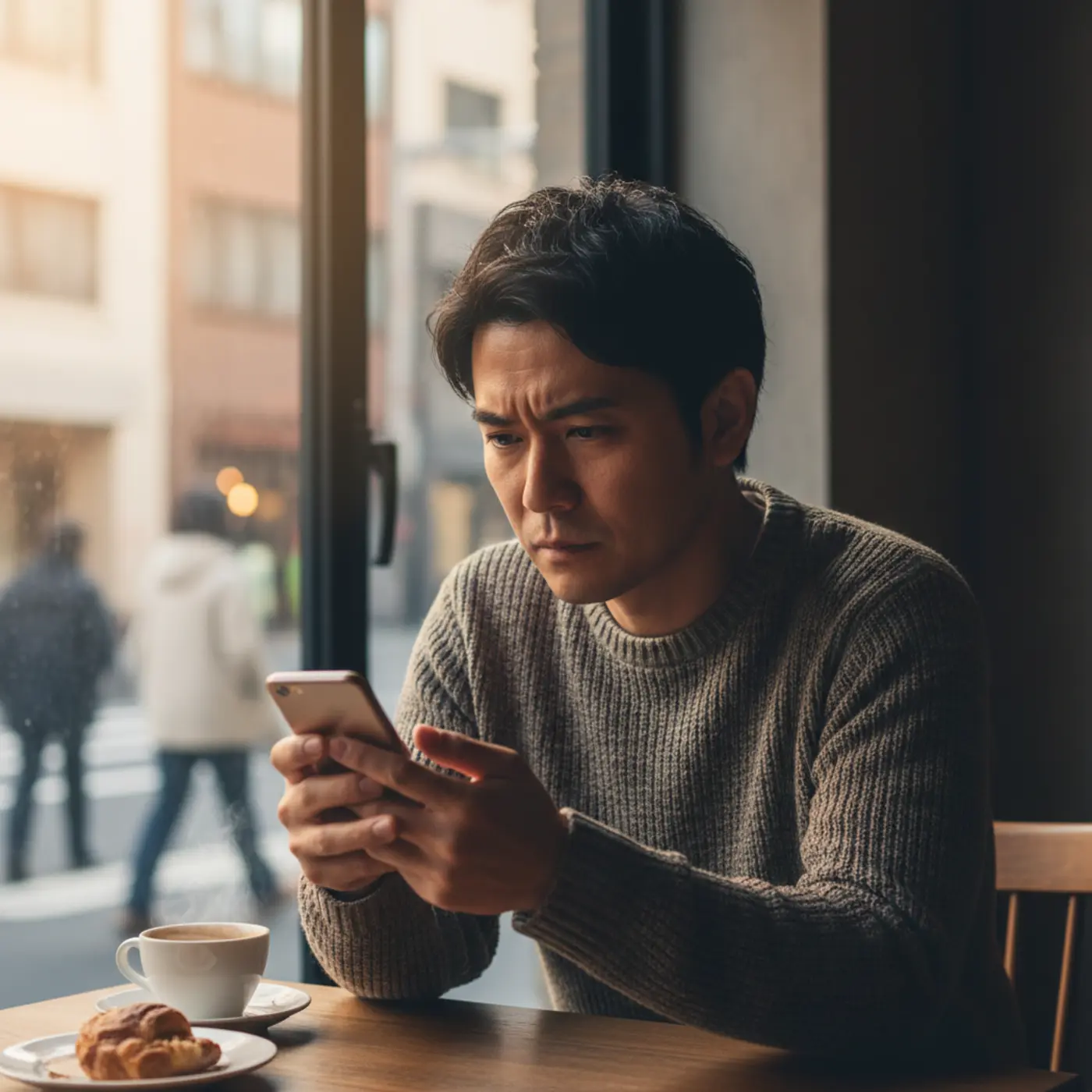 振った側から復縁を切り出すため、元恋人へのLINEメッセージを考えてスマホを手に悩む人物。具体的なアクションを起こせず指が止まっている様子。