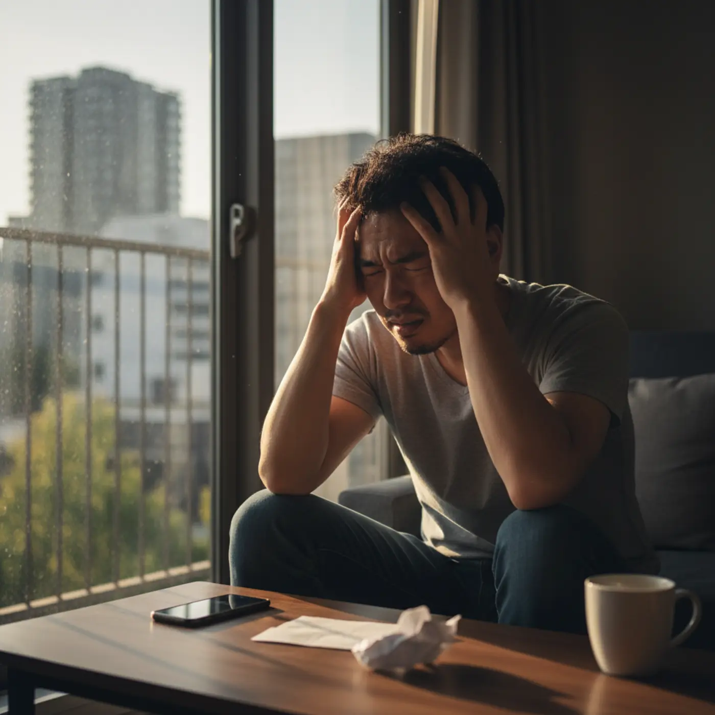 自分から恋人を振った側が復縁を迫る際にやってはいけないNG行動を考え、頭を抱える人物。プライドが邪魔をして後悔している様子を表現したイラスト。