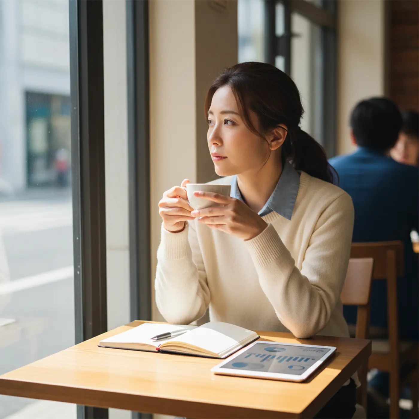 カフェで一人、物思いに耽る女性。自分から振った相手との復縁を望む複雑な心理と、その成功率の真実について冷静に分析する記事のイメージ画像。