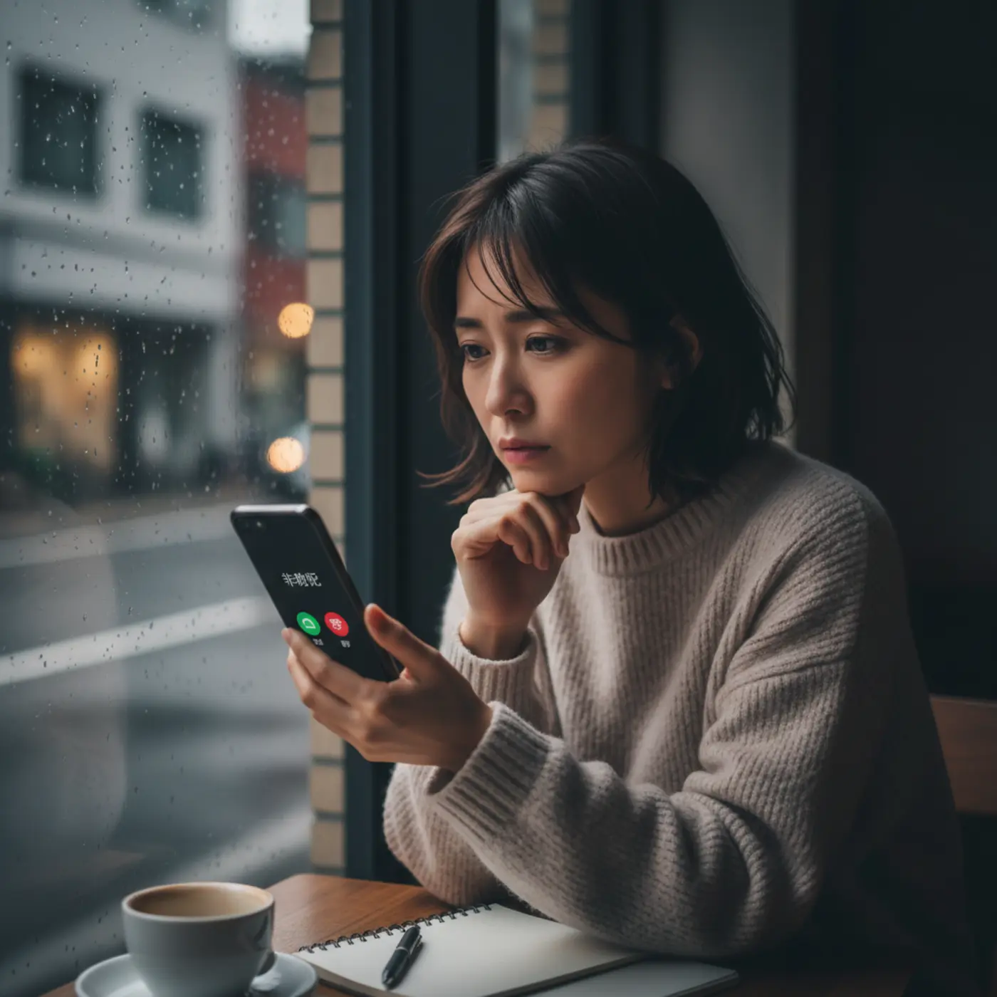 スマートフォンの着信画面に表示された非通知の文字を見て、元恋人からの連絡ではないかと動揺している様子。相手の心理や未練、復縁の可能性について悩み、電話に出るべきか迷っているイメージ。