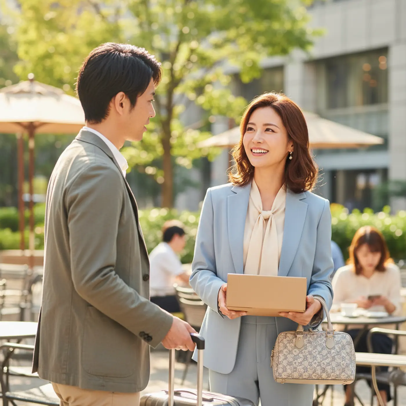 別れた恋人と荷物の受け渡しで再会した女性。復縁を狙い、以前より綺麗になった姿と明るい笑顔で相手に「逃した魚は大きい」と思わせる様子。