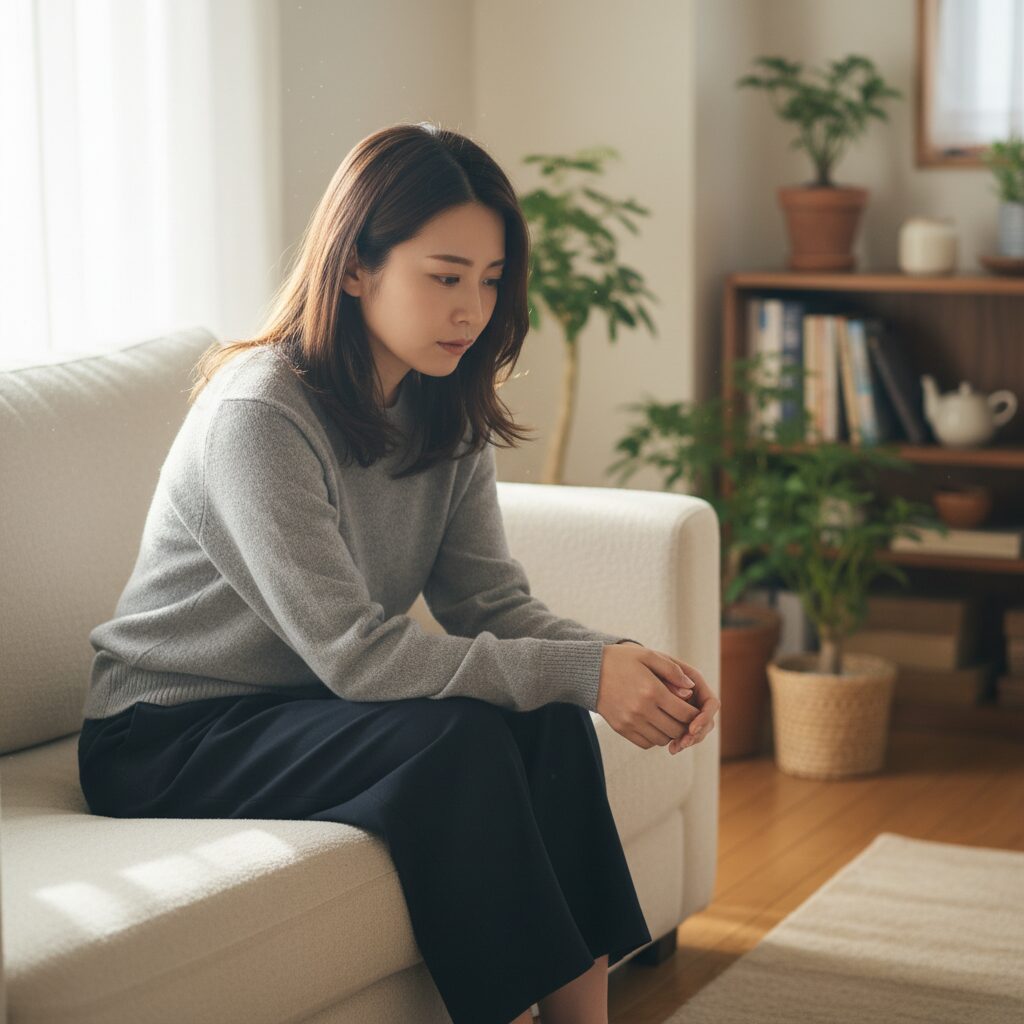 自宅で一人ソファに座り、不安な気持ちを受け入れている20代女性。柔らかな自然光の中。