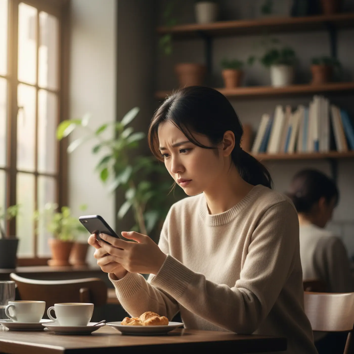 自分から振った元恋人との復縁を考え、カフェで一人思い悩む人物。スマートフォンを手に、後悔と謝罪の方法を模索している様子。