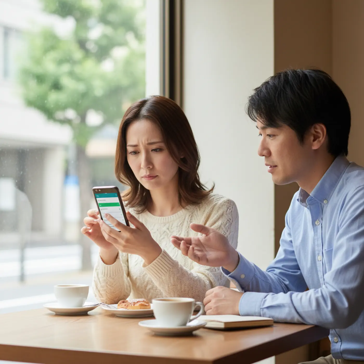 LINEをブロックされてしまい、復縁できるか不安な表情でスマートフォンを見つめる女性。相手の心理を考え、冷静に関係修復の方法を探している。