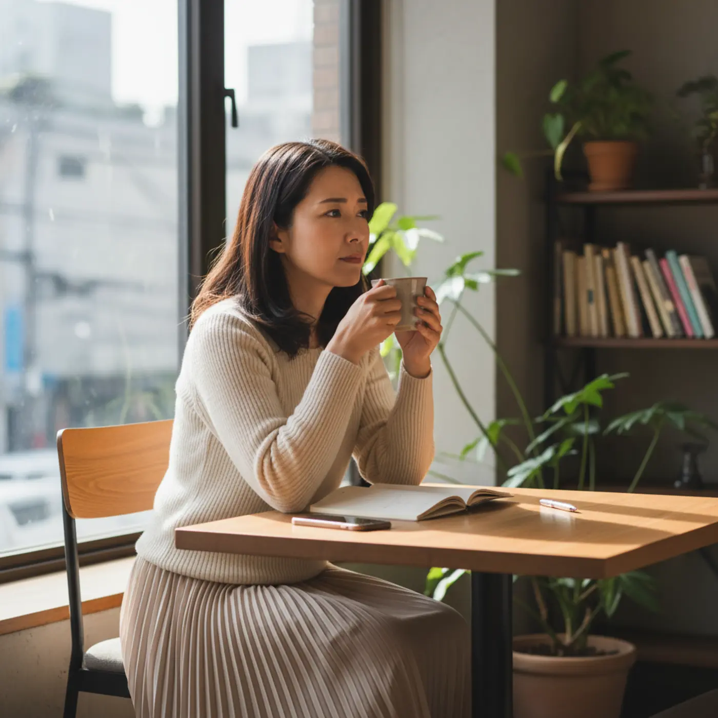 別れた恋人との復縁を望み、冷却期間の過ごし方を冷静に考えている女性。別れ直後の感情的な行動を控え、未来のために戦略を練っている様子。
