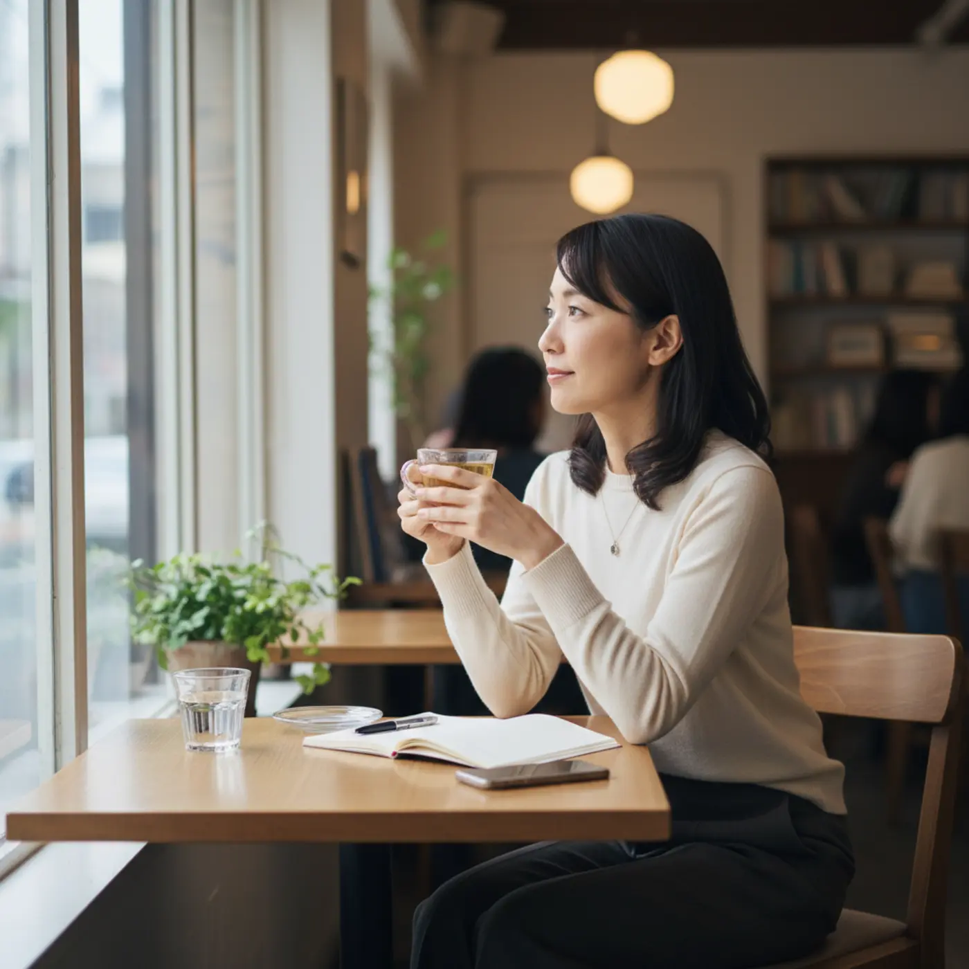 復縁成功に不可欠な「冷却期間」の過ごし方について、カフェで一人冷静に考えを巡らせている女性。別れの悲しみを乗り越え、前向きに自分と向き合っている様子。