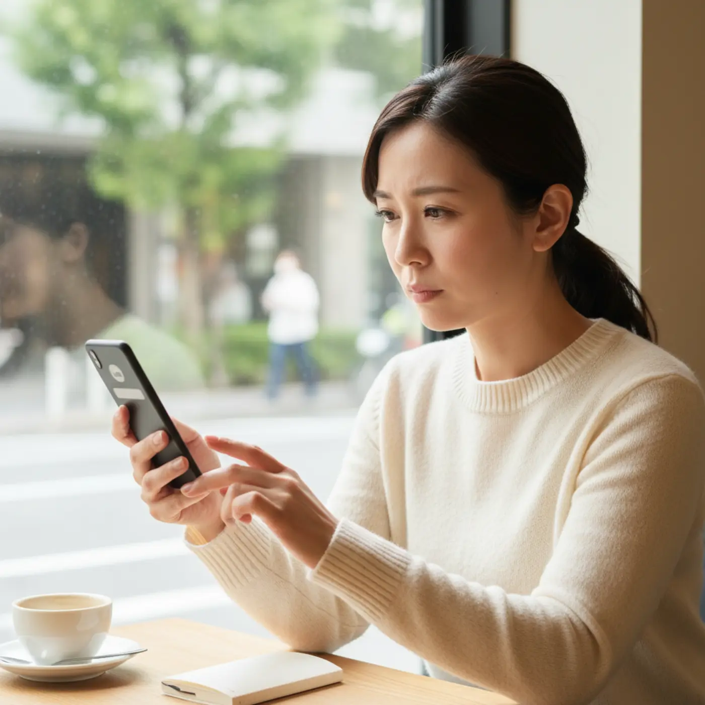 音信不通だった元恋人と復縁するため、スマホでLINEのメッセージを考える女性。冷却期間後の最初の連絡に悩む様子。