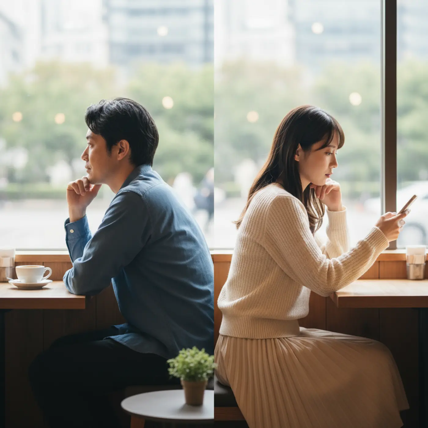 復縁を望む男女が背を向けて悩んでいるイラスト。男性心理と女性心理の違いから、復縁成功のために最適な「待つべき期間」を解説。