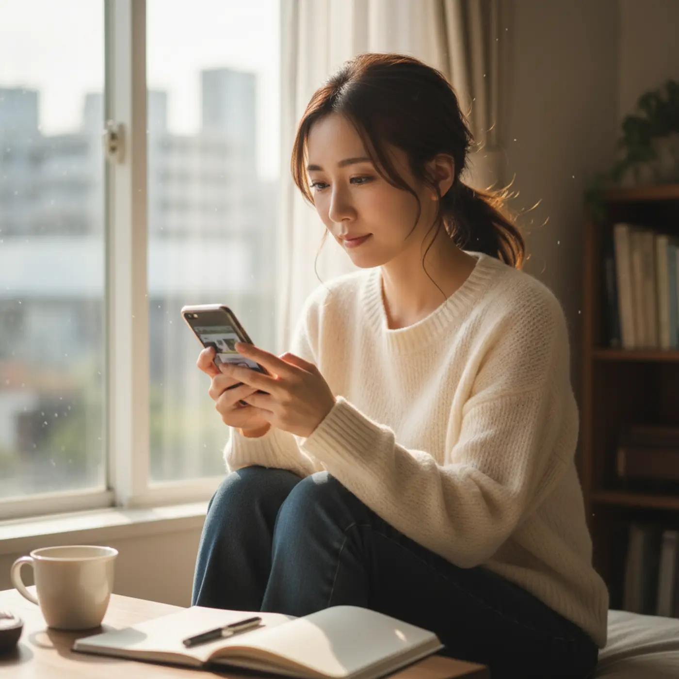 元彼との復縁を願い、冷却期間中にスマートフォンを見つめる女性。復縁の成功率を高めるLINE術や男性心理を解説する記事のイメージ画像。