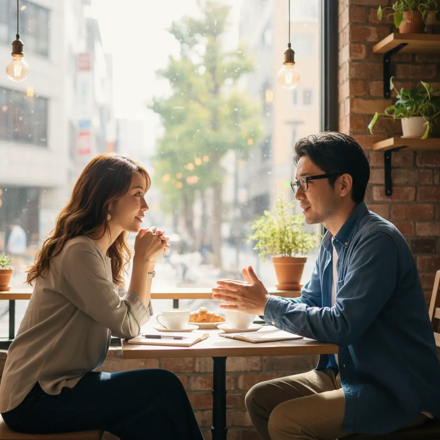 復縁のステップとして、元恋人とカフェで話す男女。焦らず友達の立場を確立し、ザイオンス効果で接触回数を増やす。相手の恋愛相談に親身に乗ることで、最高の理解者という安心感を与え、関係を再構築する様子。