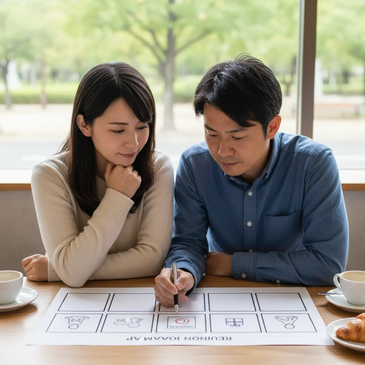 復縁したいと悩む男女が、5つのステップで構成された行動ロードマップを見ながら、再会までの具体的な計画を立てている様子のイラスト。