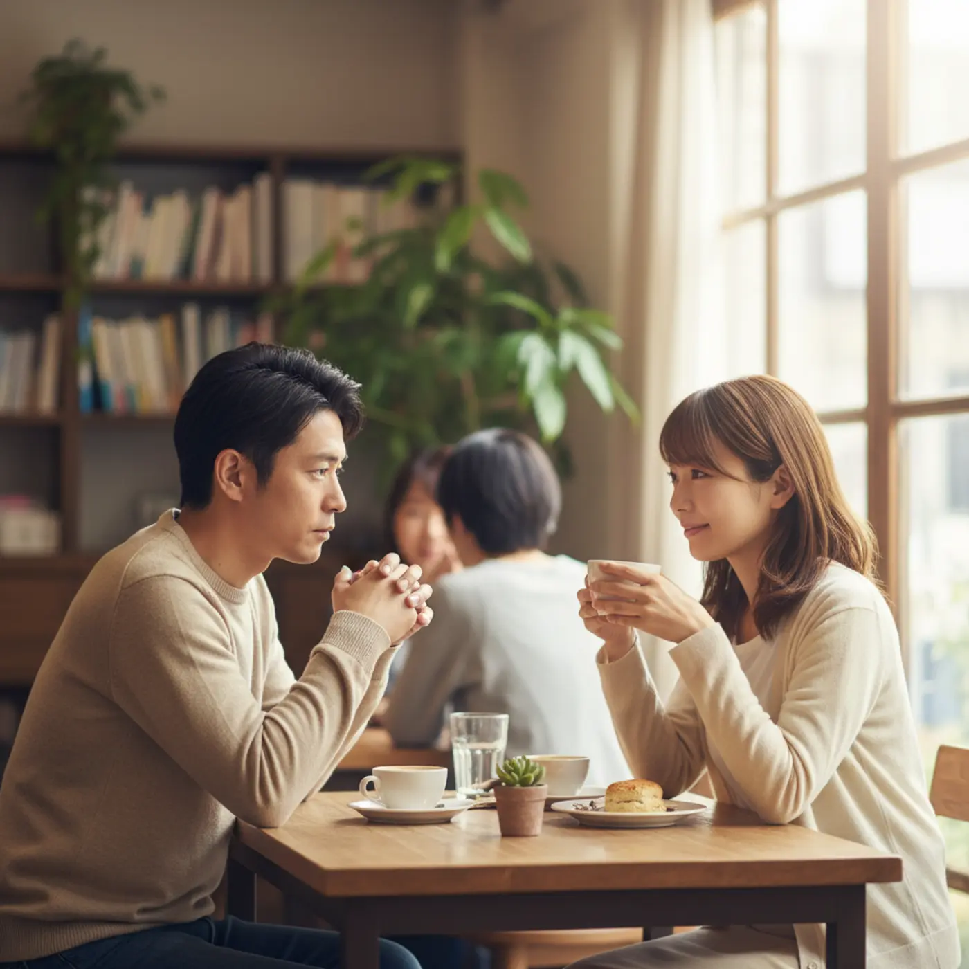 別れた恋人との復縁を目指し、まずは友達としてカフェで相談に乗る男女のイラスト。焦らずに信頼を築くサンクチュアリ戦略が、確実な復縁への近道であることを示唆している。