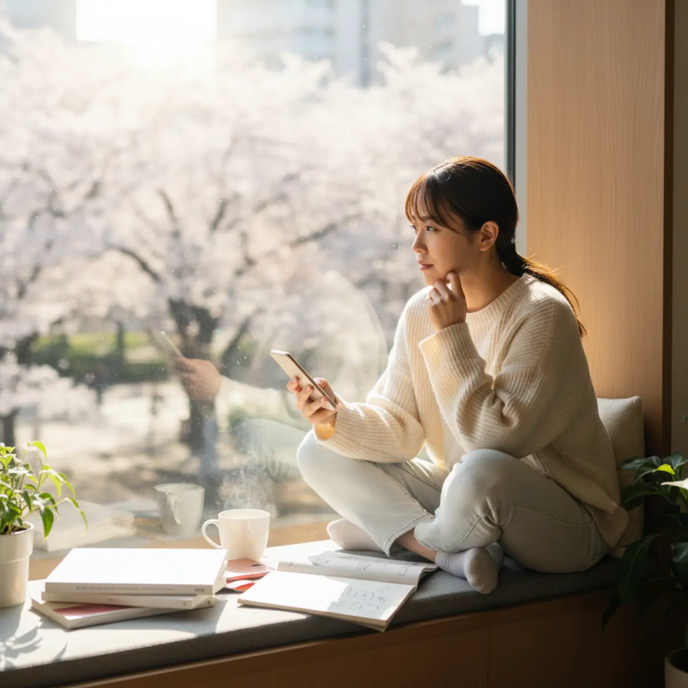 復縁を願い、冷却期間中に元彼へ連絡するか悩む女性が窓辺に座っている。スマートフォンを手に物思いにふけり、心理学に基づいたアプローチを模索している。