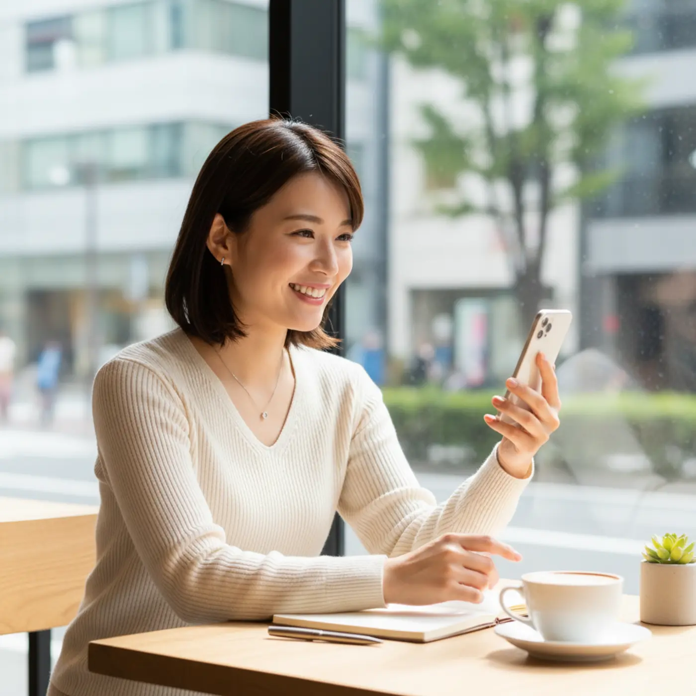 スマホ片手にカフェで楽しそうに微笑む女性。SNSを活用した新しい復縁戦略で、充実した毎日を送り、元カレとの関係改善を目指している様子。