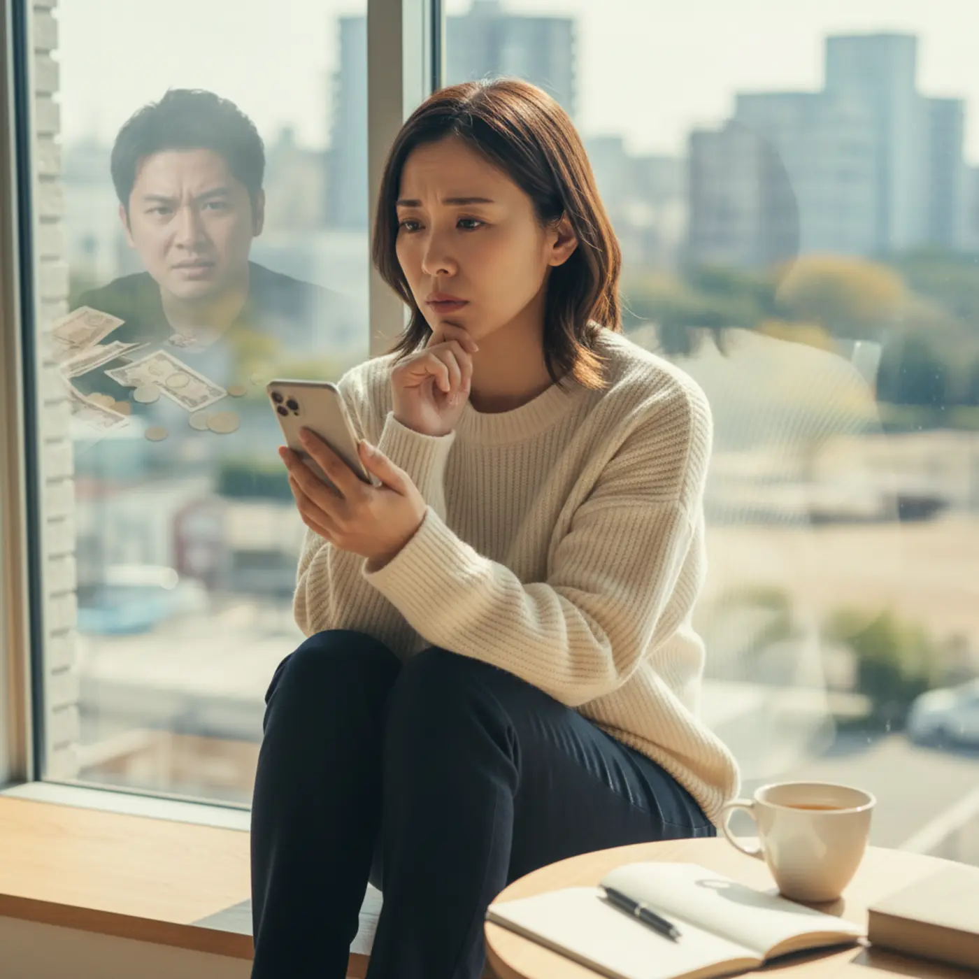 スマートフォンを手に元恋人への連絡をためらう女性。別れて1年が経ち、復縁を考えるが、相手のDVや借金問題が頭をよぎる。自分の幸せを最優先に、冷静な判断が必要な状況を表している。