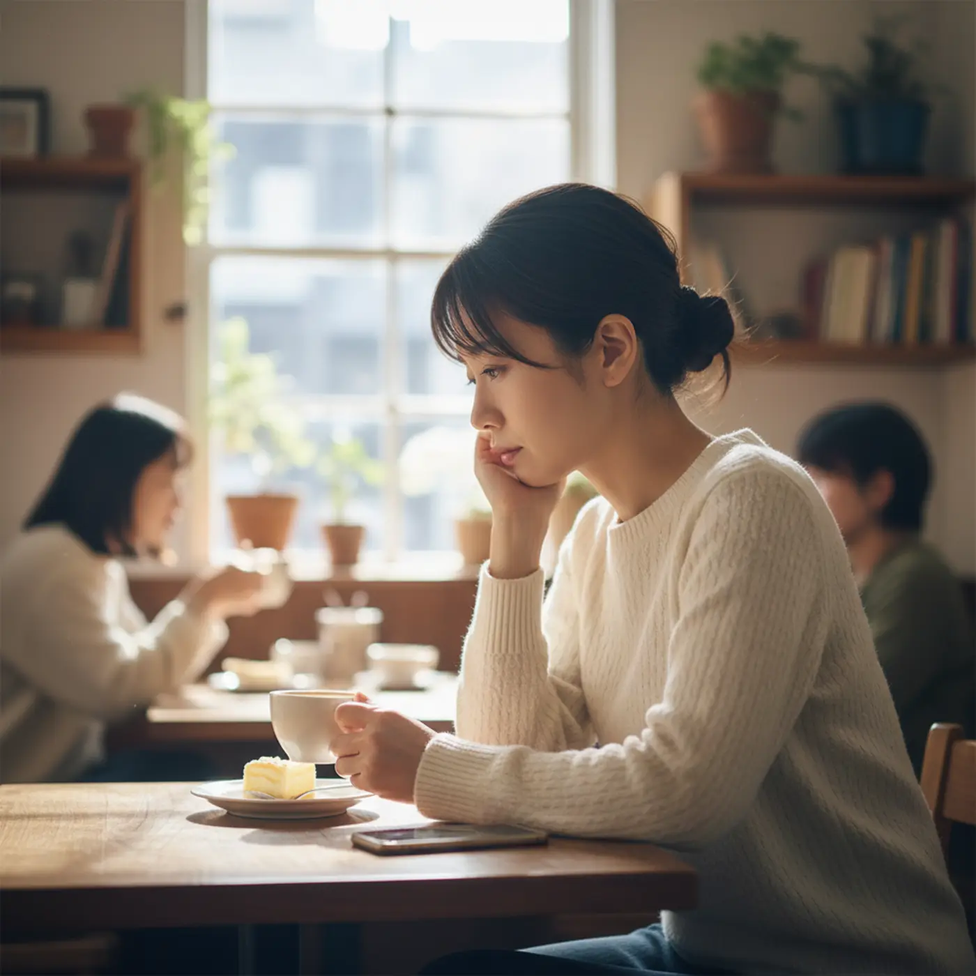 恋愛相談の記事。元恋人との復縁がうまくいかず八方塞がりな状況で、諦めきれない思いを抱えながらカフェで一人悩む女性の横顔。