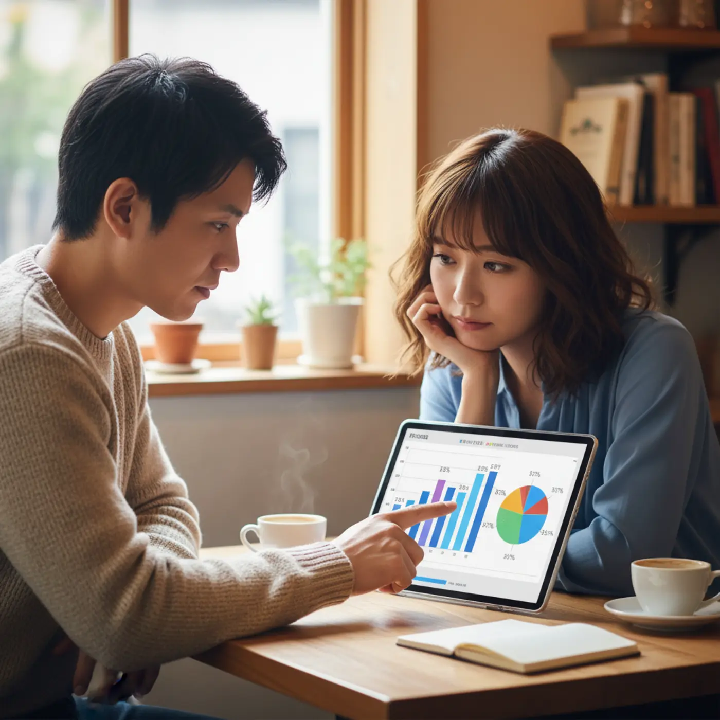 復縁の確率をパーセンテージで示したグラフと、それを見つめる男女。統計と心理学の観点から復縁の可能性を客観的に分析するイメージ。