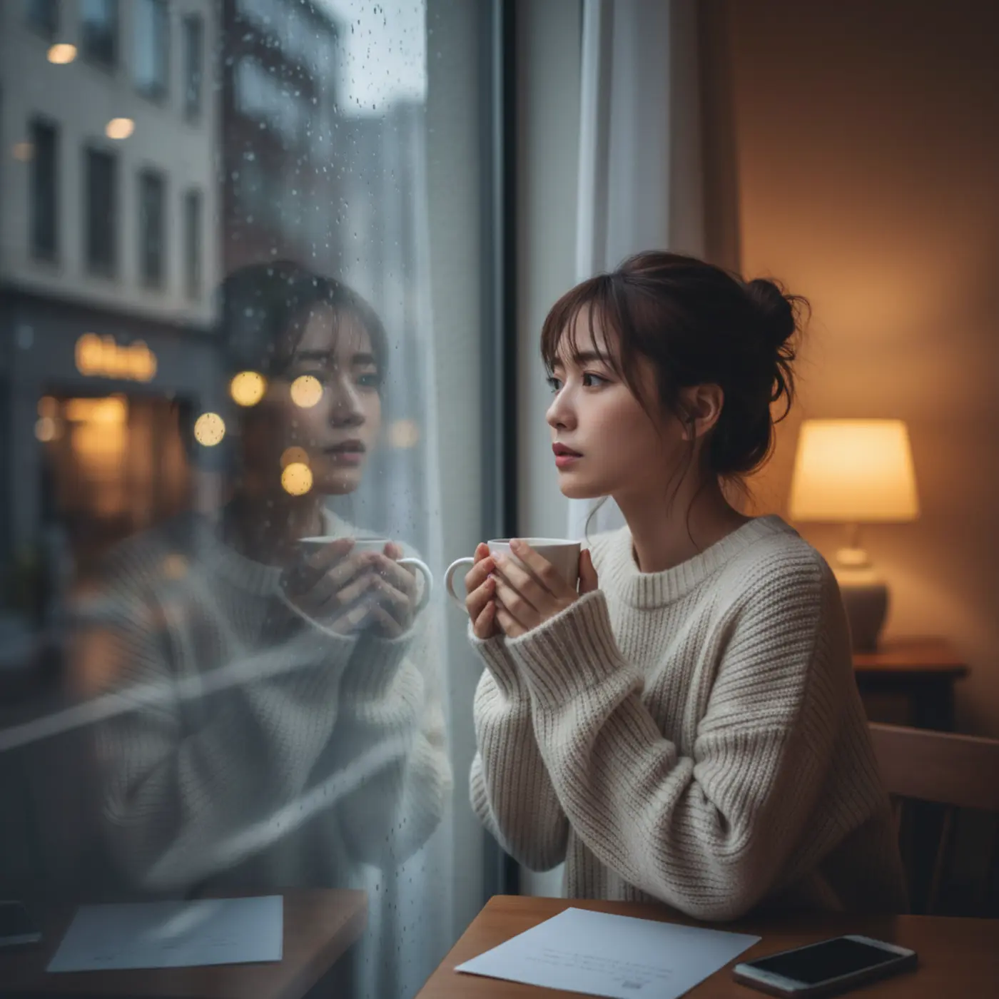 復縁を諦めるべきか悩む女性が窓の外を眺めている。この記事では、データに基づいた復縁の成功率と、辛い恋に見切りをつけるタイミングについて解説します。