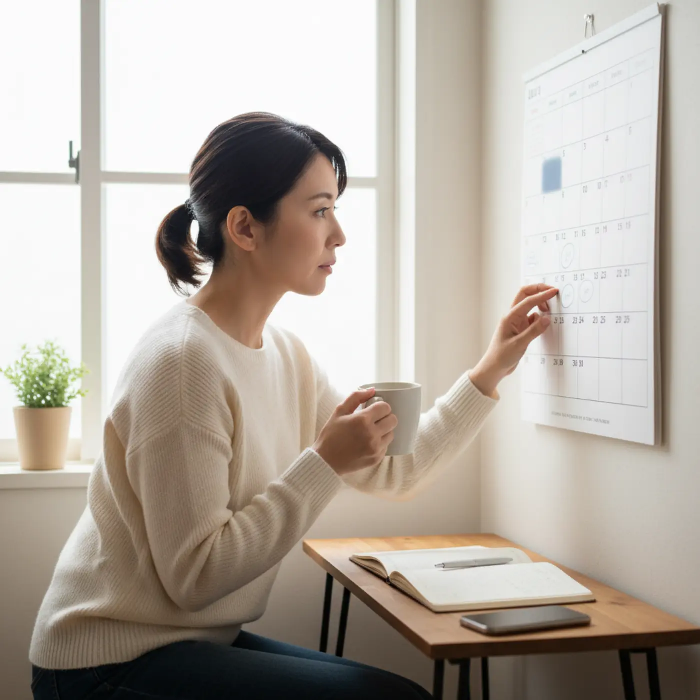 別れた恋人との復縁を考え、カレンダーを見つめる女性。復縁までの最適な期間はカップルの状況によって異なることを示唆している。