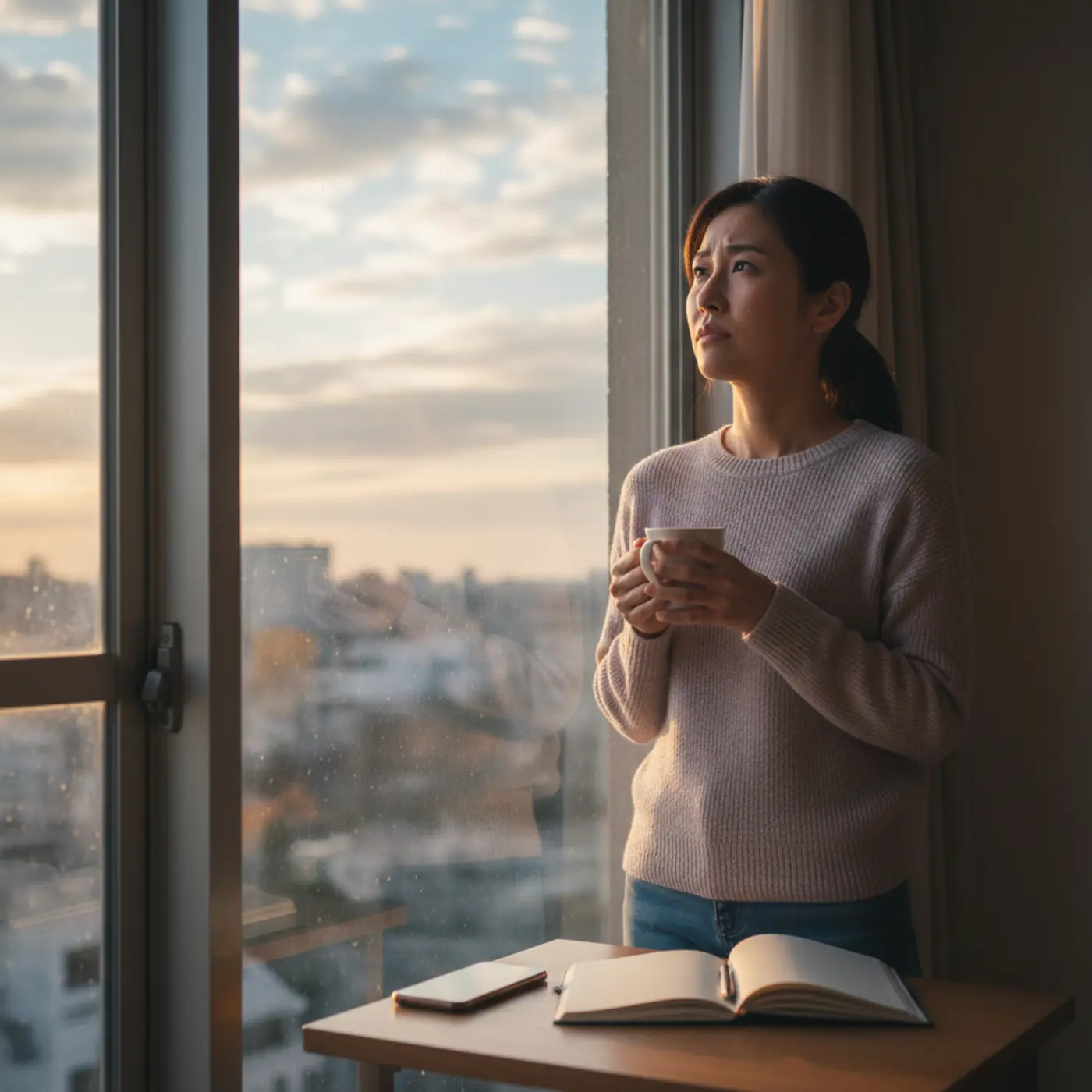 3回目の復縁に悩む女性。過去の恋愛を続けるか、新しい恋に進むかの岐路に立ち、空を見上げて物思いにふける様子。