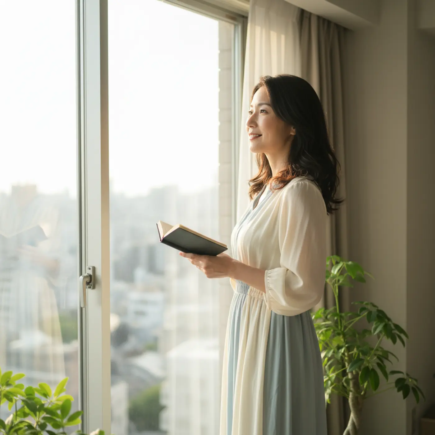 過去の恋愛に区切りをつけ、復縁せずに前を向いて自分の幸せを掴もうと決意した女性。明るい未来を見つめ、晴れやかな表情を浮かべている様子。