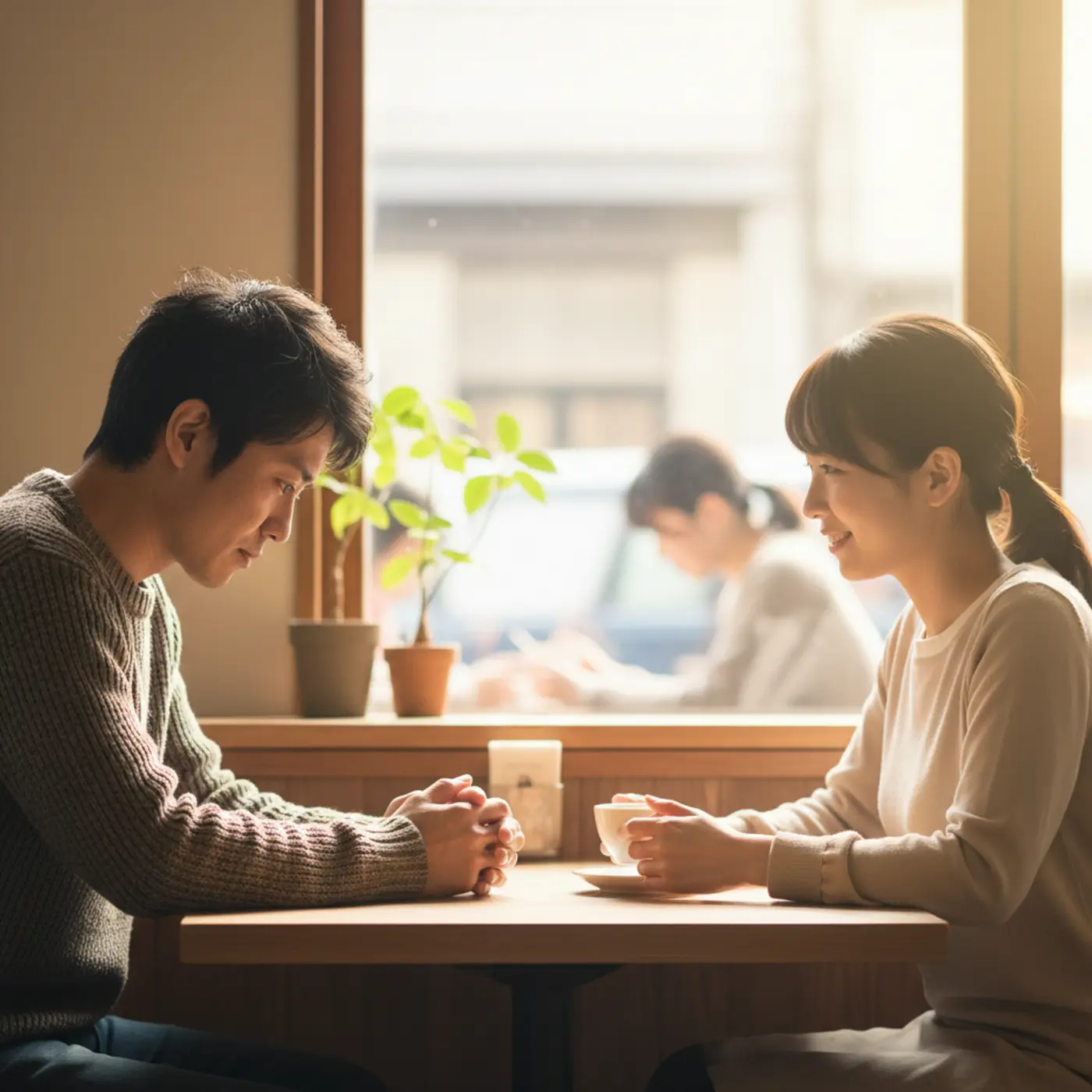 恋人との復縁を断られて落ち込む人物。しかし、ここでの神対応が未来の関係を好転させる可能性を示唆している様子を描いたイラスト。