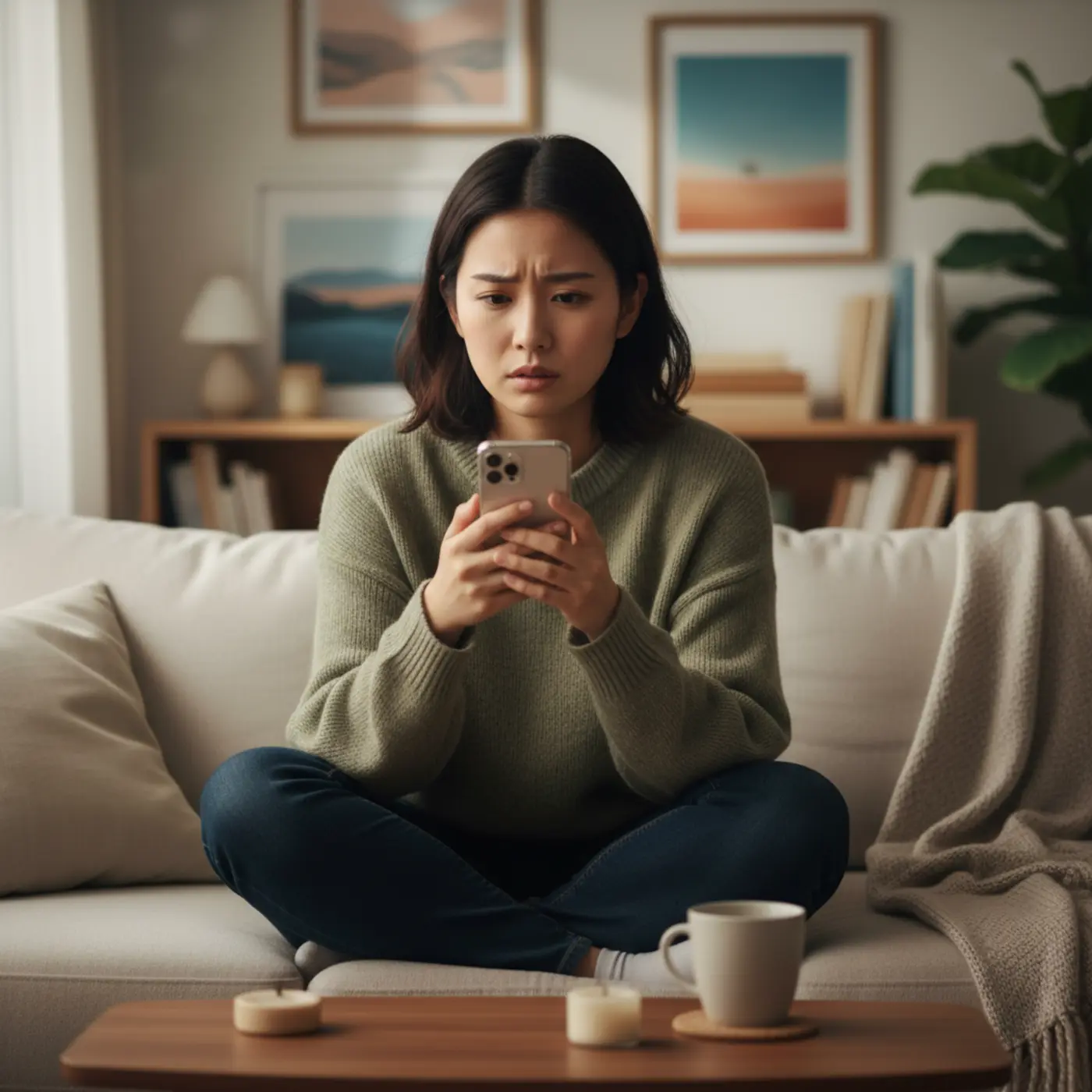復縁を何回繰り返すべきか悩み、ソファでスマートフォンを見つめる女性。別れの原因を乗り越えて幸せになれるのか、真剣な表情で将来の関係を考えている様子。