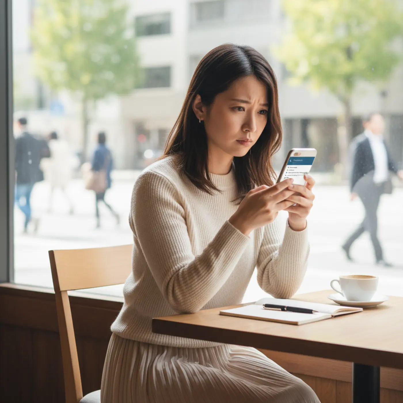 スマホを手に、LINEやSNSでブロックされているか確認する方法を検索する女性。相手にバレるリスクを恐れ、安全な手順を知りたいと悩んでいる様子。