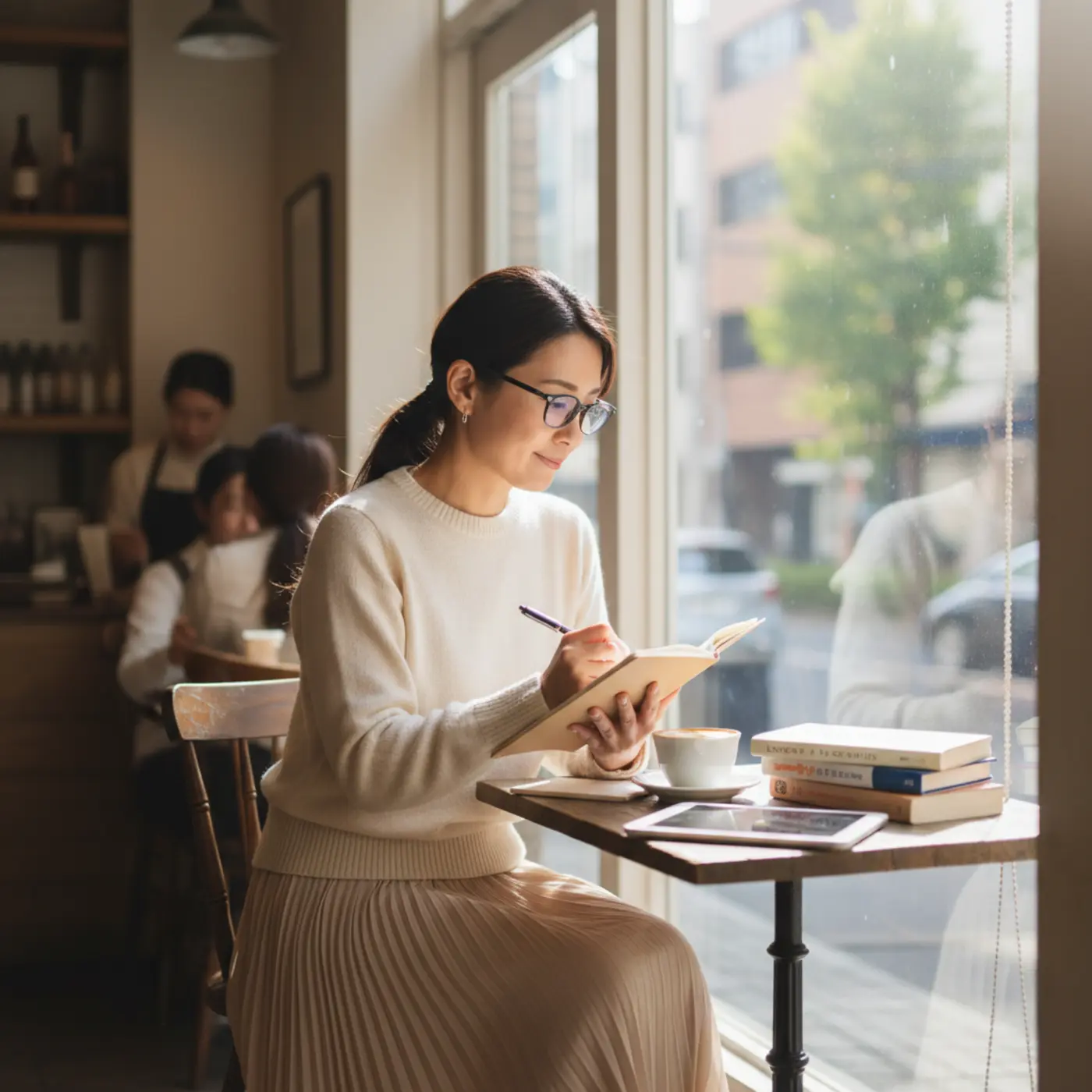 仕事が忙しい彼との復縁を願い、カフェで自分磨きに励む女性。冷却期間を前向きに捉え、相手のペースを尊重することの大切さを表現。