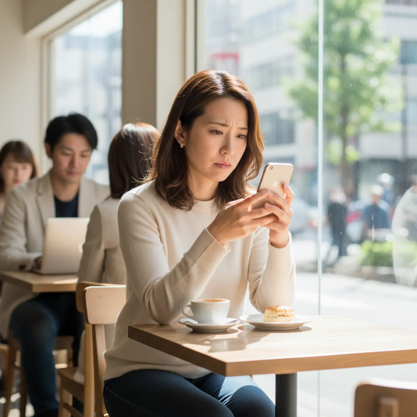 カフェでスマホを見ながら、元恋人との復縁について思い悩む女性。冷却期間の重要性や、恋愛心理学に基づいた具体的な復縁の方法を解説する記事のイメージ画像。