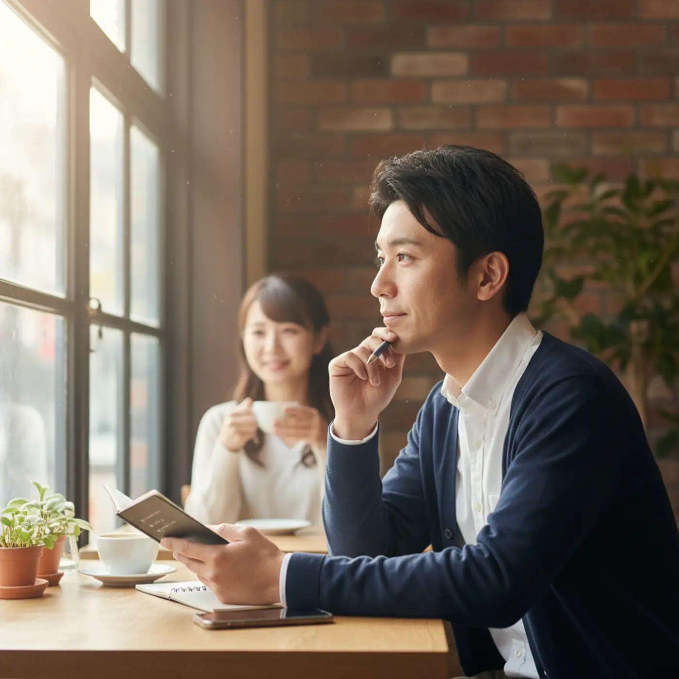 振られた側から復縁するための5つのステップを解説する記事のイメージ画像。悩んでいた人物が冷静に計画を立て、前向きになっている様子。