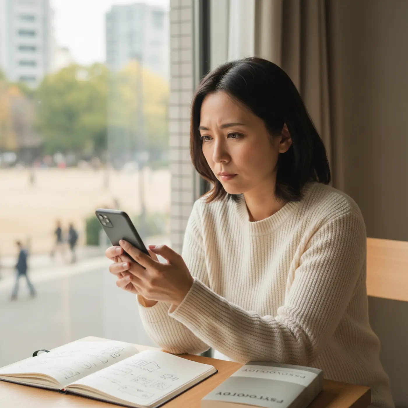 復縁したいと悩む人が、心理学に基づいた冷却期間の重要性や、元恋人への効果的なLINEの送り方について考えている様子。